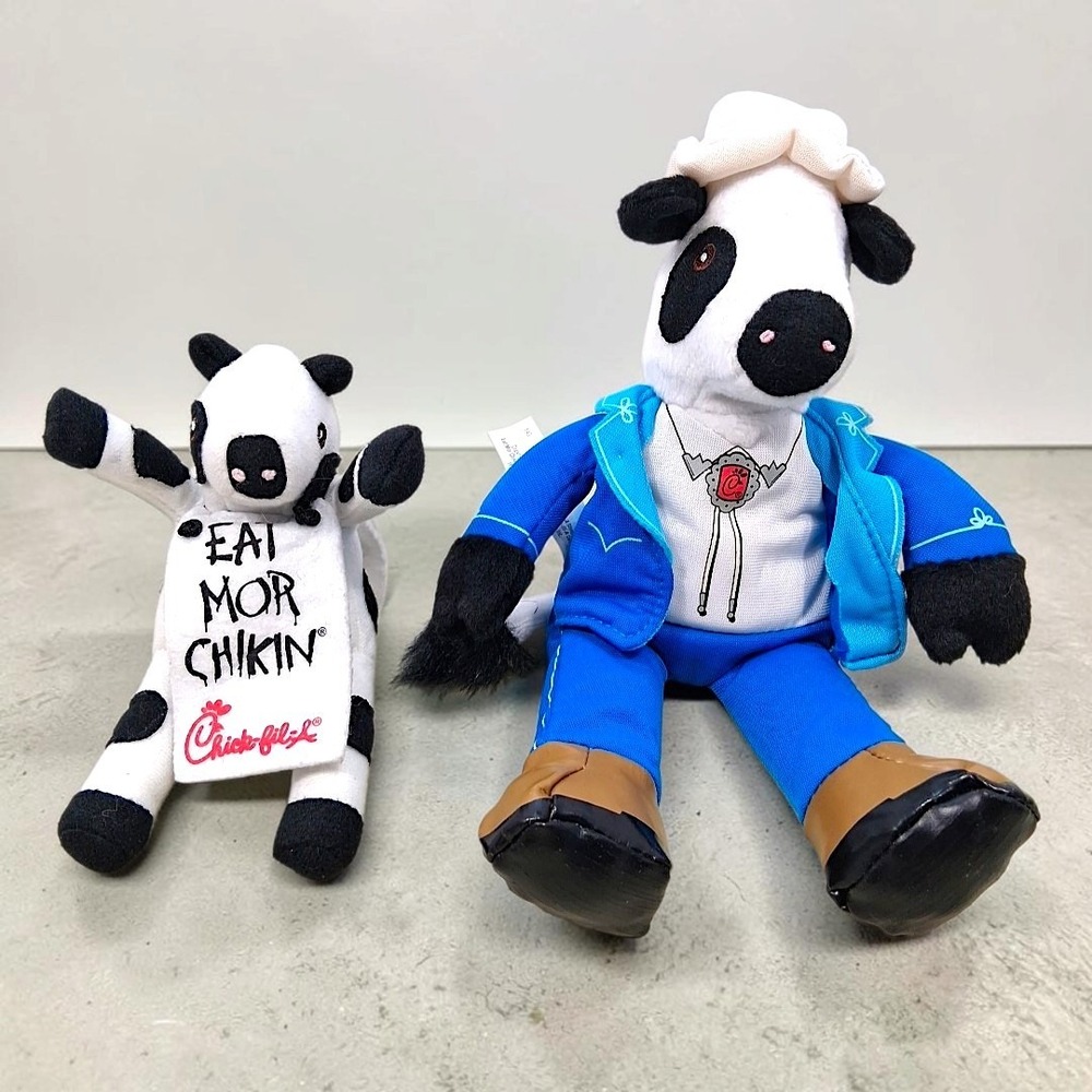 Chick-fil-A Cow Plush Lot of 2 Eat Mor Chikin 2005 Cowboy Western Suit 2007 Toys